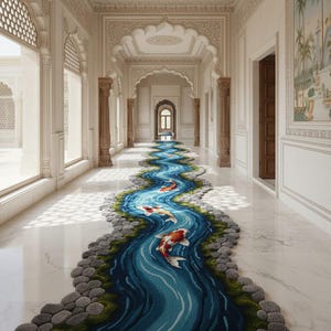 May include: A long, ornate hallway with a custom rug designed to resemble a river. The rug features a blue river with koi fish and stone banks. The hallway has large windows, decorative columns, and detailed architectural elements.