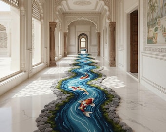 Koi Fish River Rug | 3D Hand Tufted Wool Carpet | Nature inspired Runner Rug, Hallway Decor