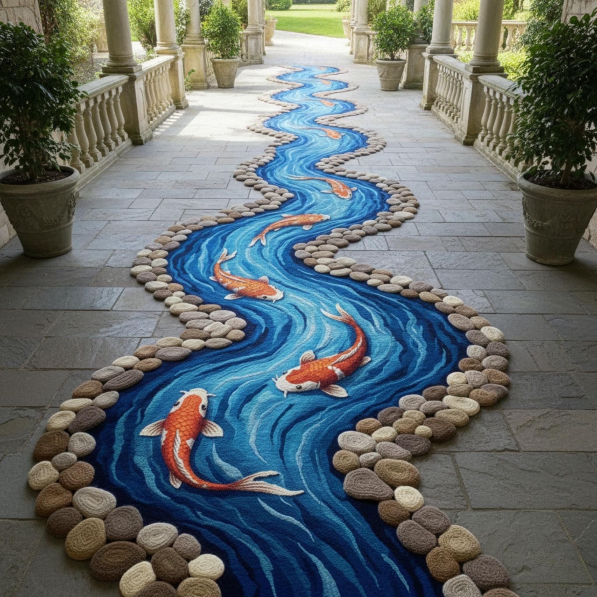 River Rug Custom Koi Fish River Nature Inspired Rug | Embossed Hand Tufted Wool Carpet ...