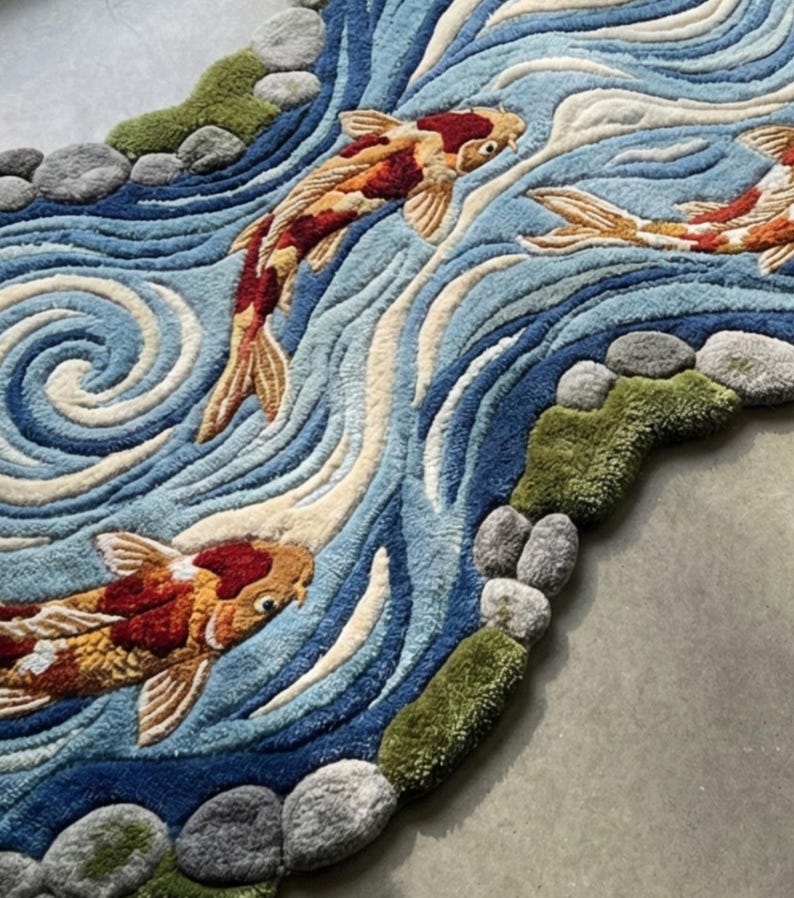 Red Koi Rug Koi Fish River Rug | 3D Hand Tufted Wool Carpet | Nature Inspired ...