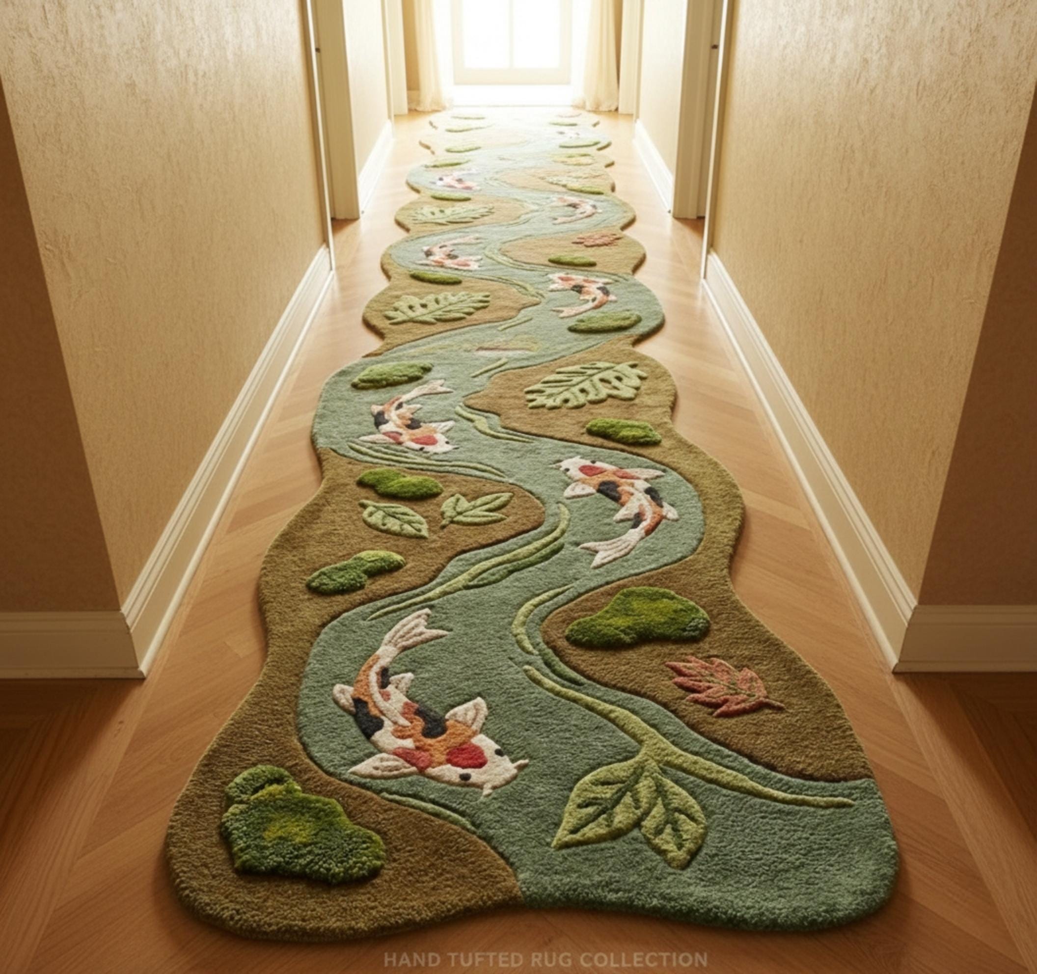 Hand Tufted Koi Fish River Runner Rug, Sculpted Organic Shape Wool ...