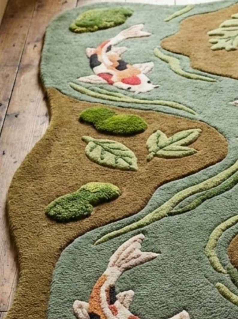 Pond Colors Rug Hand Tufted Koi Fish River Runner Rug, Sculpted Organic Shape Wool ...