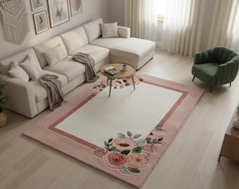 Alfombra de lana con marco floral rosa / Alfombra moderna minimalista tejida a mano