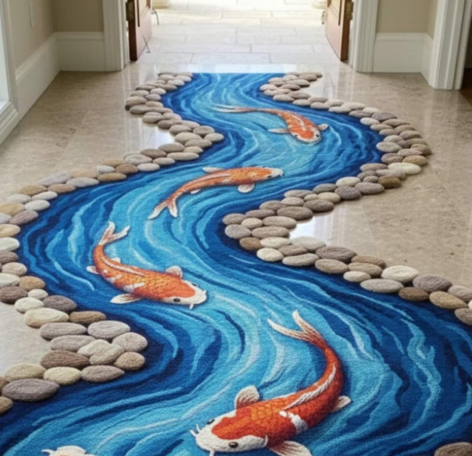 River Rug Custom Koi Fish River Nature Inspired Rug | Embossed Hand Tufted Wool Carpet ...