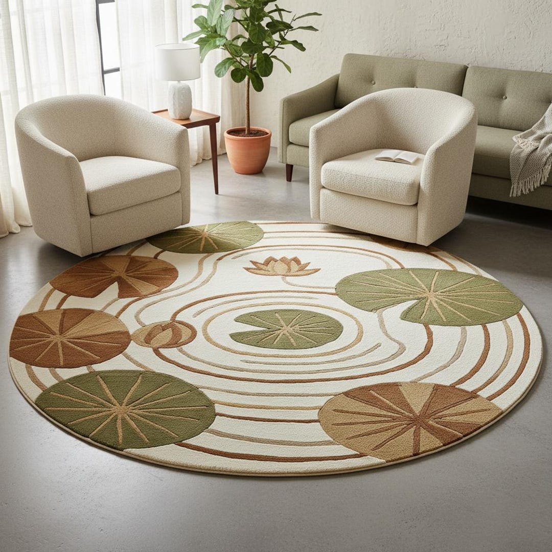 Pond Rug Abstract Tranquil Lotus Pond Round Rug | Lily Pad Serenity Sculpted Texture With ...