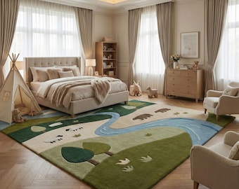 May include: A bedroom scene featuring a large, beige bed with a plush throw, a teepee, and a whimsical rug. The rug depicts a landscape with a river, trees, and animal tracks. The room has neutral tones, with beige curtains and wooden furniture.