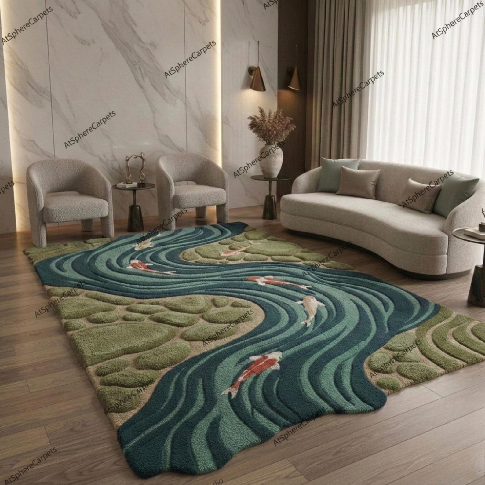 River Flow Koi Fish Hand-tufted Rug Textured Nature-inspired Moss Green ...