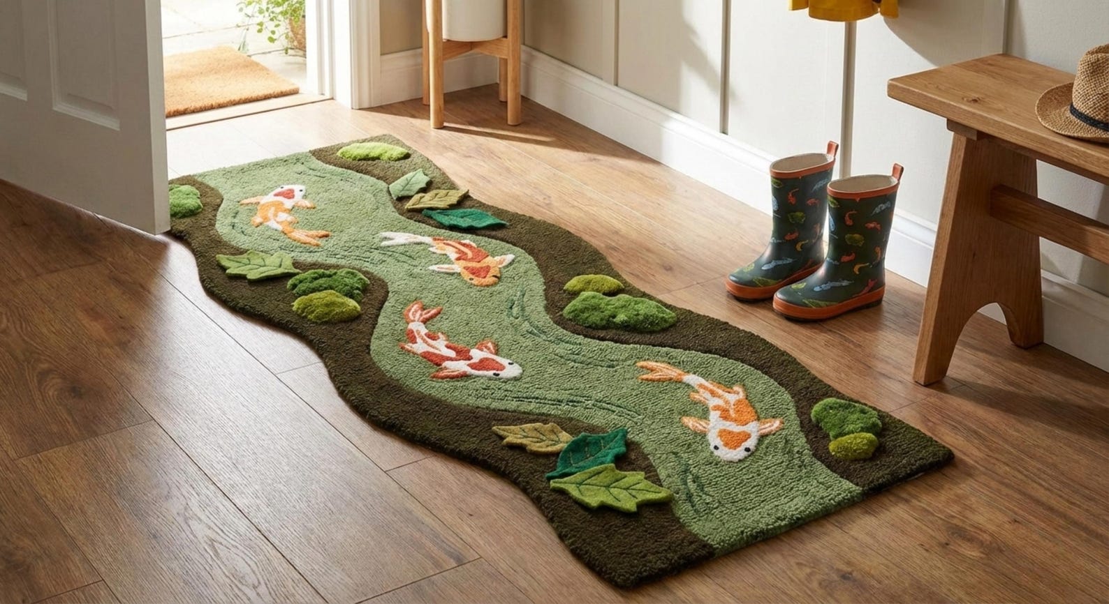 Hand Tufted Koi Fish River Runner Rug, Sculpted Organic Shape Wool ...