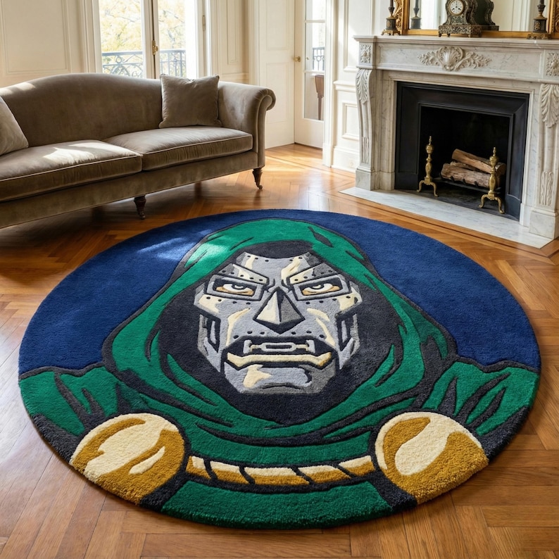 Doctor Doom Inspired Round Rug – Hand Tufted Wool Supervillain Face Rug ...