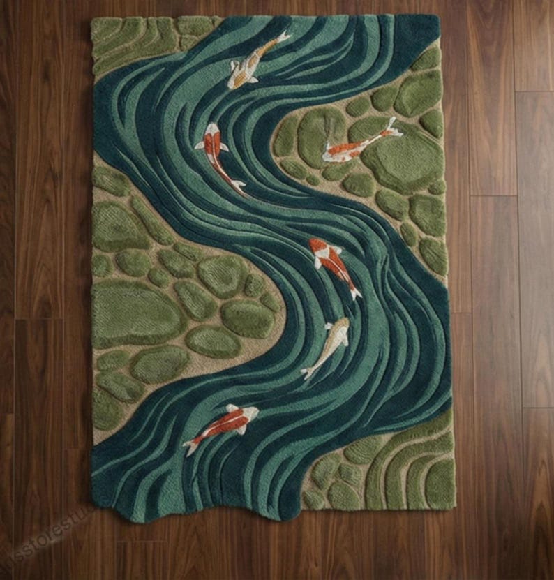 River Flow Koi Fish Hand-tufted Rug Textured Nature-inspired Moss Green ...