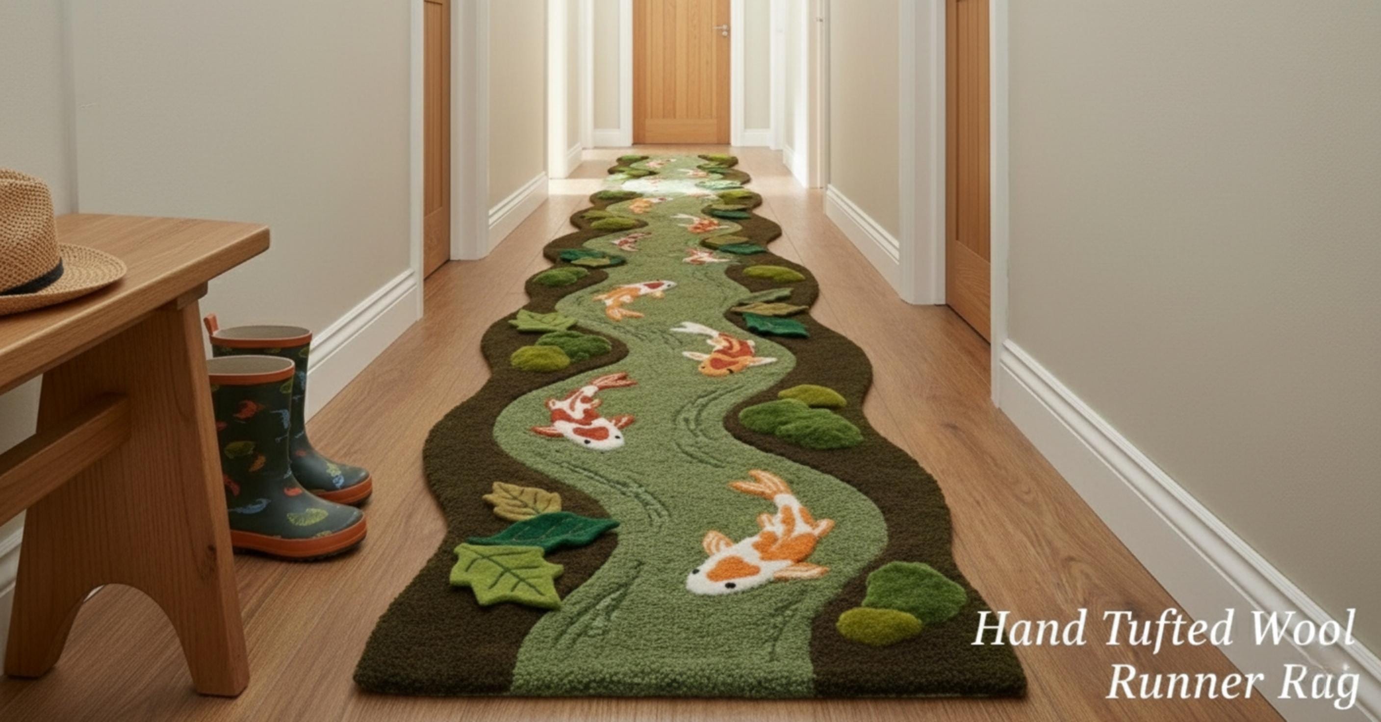Hand Tufted Koi Fish River Runner Rug, Sculpted Organic Shape Wool ...