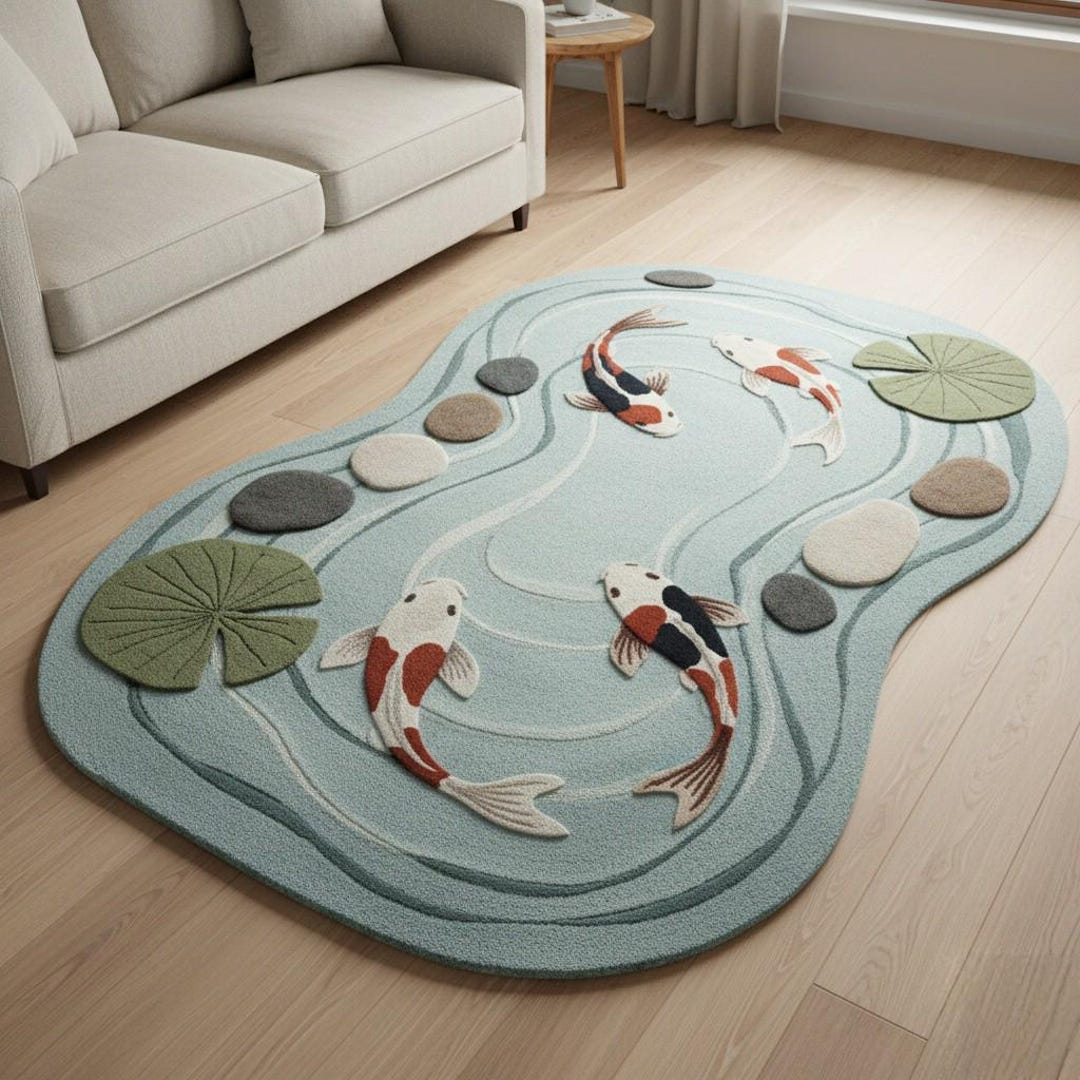 Pond Rug Abstract Hand-tufted Wool Koi Pond Rug: 3D Embossed, Nature-inspired - Etsy