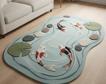 Alfombra de estanque de carpas koi tejida a mano con mechones de lana: relieve 3D, inspirada en la naturaleza