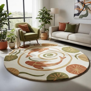 Pode incluir: Um tapete redondo com um design de peixes koi. O tapete apresenta um fundo creme com peixes koi laranja e verdes, nenúfares e um padrão em espiral. O tapete está em uma sala de estar.
