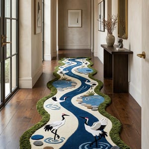 Op de afbeelding: Een lang, decoratief tapijt met een rivierontwerp met blauw water, groene oevers en witte kraanvogels. Het tapijt ligt op een donkere houten vloer in een gang. De afmetingen van het tapijt zijn niet zichtbaar.