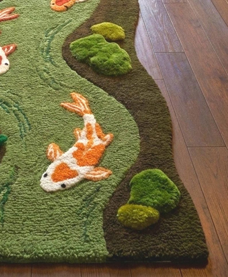 Hand Tufted Koi Fish River Runner Rug, Sculpted Organic Shape Wool ...