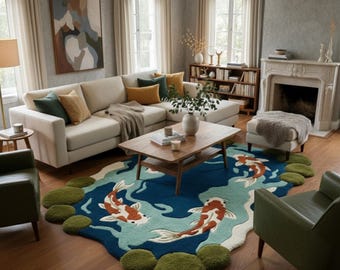 Hand Tufted Koi Fish Pond Rug | Sculpted Organic Shape Wool Area Rug Zen Inspired Koi Design, 3D Textured Living Room, Bedroom Statement Rug