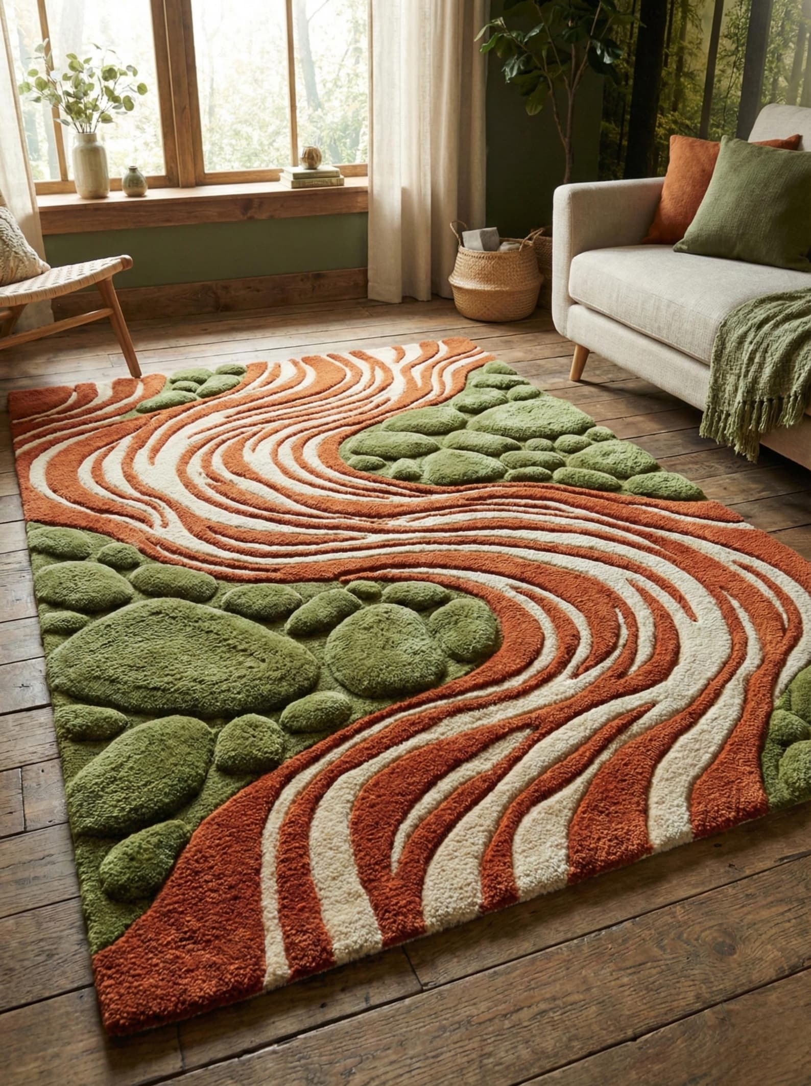 River Flow Koi Fish Hand-tufted Rug Textured Nature-inspired Moss Green ...