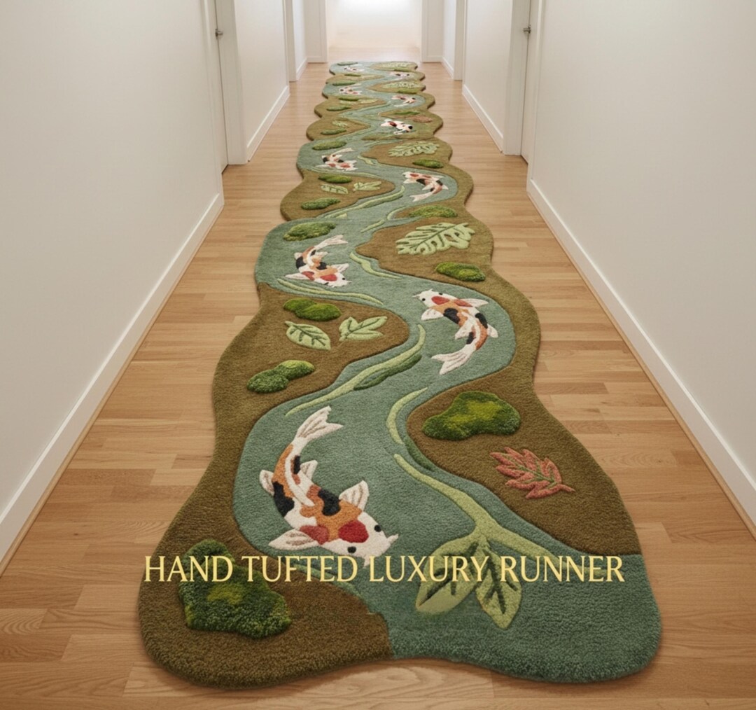 Fish Tuft Rug Hand Tufted Koi Fish River Runner Rug, Sculpted Organic Shape Wool ...