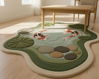 Alfombra de lana tejida a mano para estanque de koi / Alfombra con textura en relieve 3D inspirada en la naturaleza, ideal para sala de estar, dormitorio, comedor y habitación infantil.