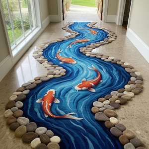 May include: A decorative rug designed to resemble a flowing river with koi fish. The rug features a blue water pattern with orange and white koi fish. The edges are lined with stone-like shapes, creating a naturalistic look.