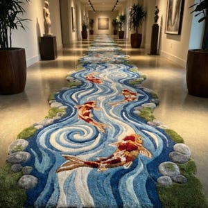 Pode incluir: Um tapete longo e decorativo projetado para se assemelhar a um rio com peixes koi. O tapete apresenta tons de azul, branco, verde e laranja. O tapete é colocado em um corredor com plantas em vasos e obras de arte.