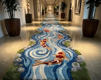 Koi Fish River Rug | 3D Hand Tufted Wool Carpet | Nature inspired Runner Rug, Hallway Decor