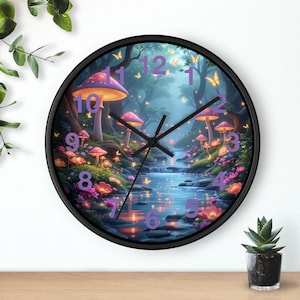 May include: A round wall clock with a black frame. The clock face features a whimsical forest scene with glowing mushrooms, a flowing stream, and butterflies. The numbers are in a purple font.