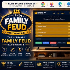 May include: A digital Friendly Family Feud game displayed on a television screen, featuring a round question about library activities, score tracking for two teams, and a gold logo. The interface includes browser icons and game control buttons.