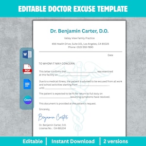 May include: A white editable doctor's excuse template with the text "Editable Doctor Excuse Template" at the top. The template includes fields for patient information and a doctor's signature. Icons for PDF, Word, and Canva are on the left.