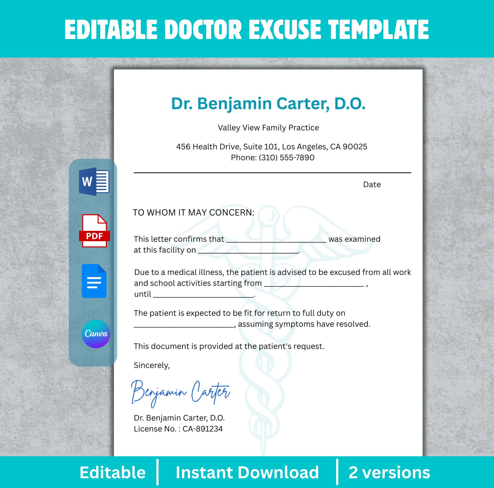 Editable Doctor Excuse Note Template, Printable Medical Sick