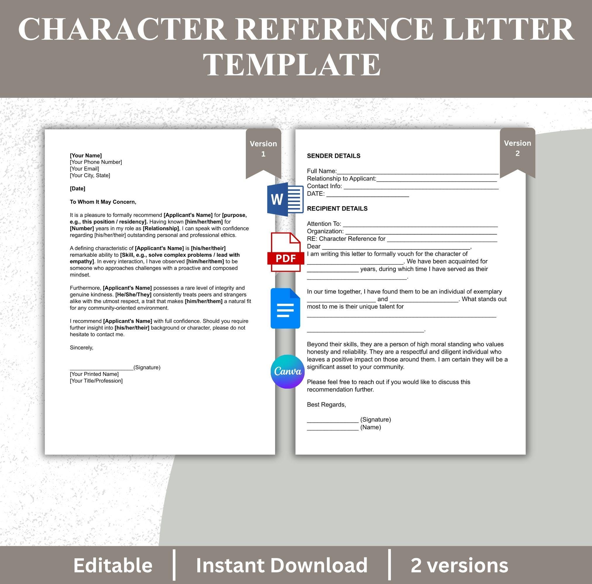 Character Reference Letter Template | Editable Personal Reference ...
