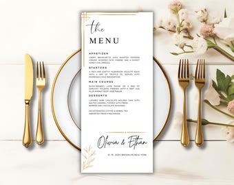 Sjabloon voor modern bruiloftsmenu, minimalistische dinermenukaart, bewerkbare canvassjabloon voor bruiloftsmenu, elegant afdrukbaar repetitiediner