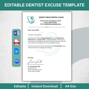 以下が含まれることがあります： Bright Smile Dental Clinicのロゴ、住所、連絡先が記載された編集可能な歯科医の診断書テンプレート。この文書には、患者向けの正式な通知、ジェームズ・スミス医師の署名欄、Word、PDF、Canvaのアイコンが含まれています。
