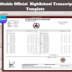 May include: A maroon and white official high school transcript template with the text "Editable Official HighSchool Transcript Template". The document includes sections for student information, course titles, and grades. The Canva logo is in the upper left corner.