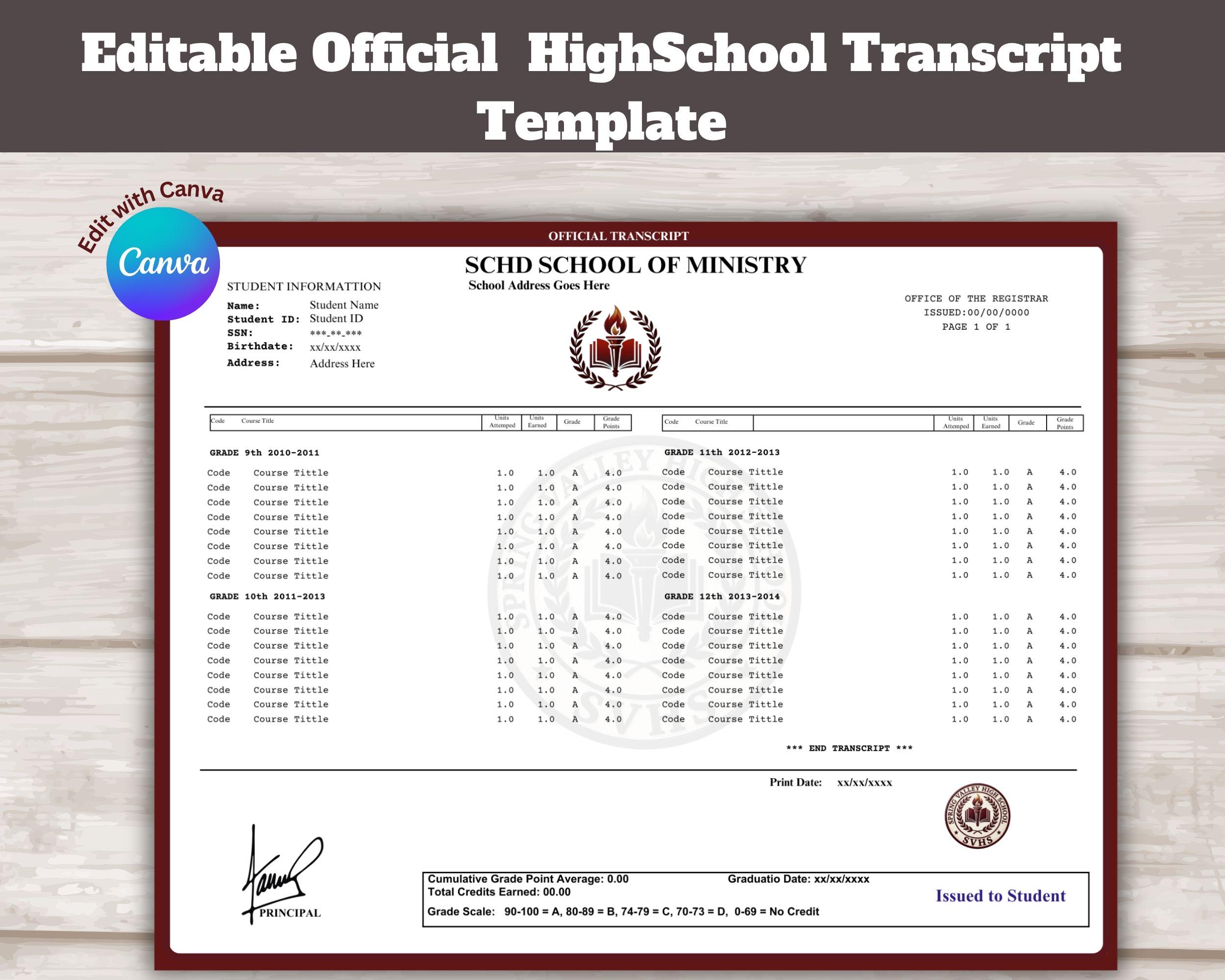 Official academic transcript template on Canva.