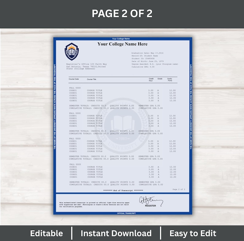 College Transcript Template | Fillable University Academic Record ...