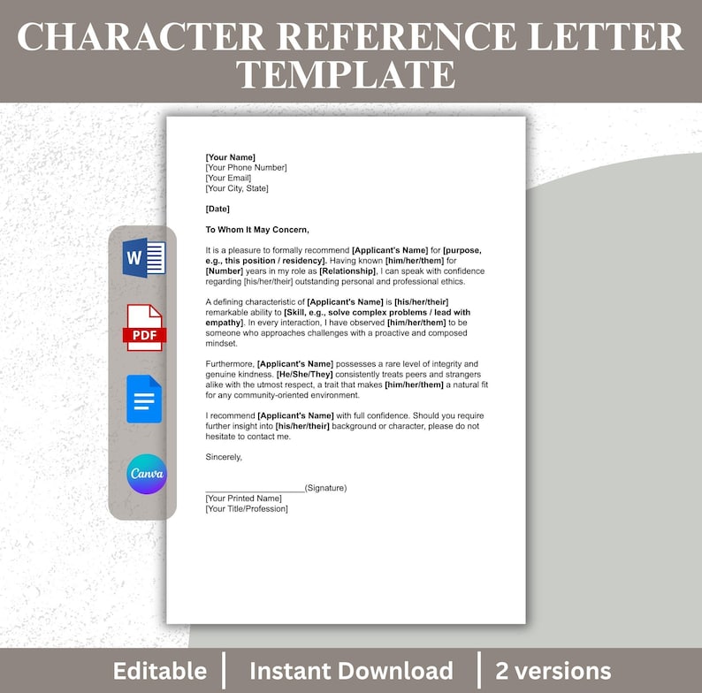 Character Reference Letter Template | Editable Personal Reference ...