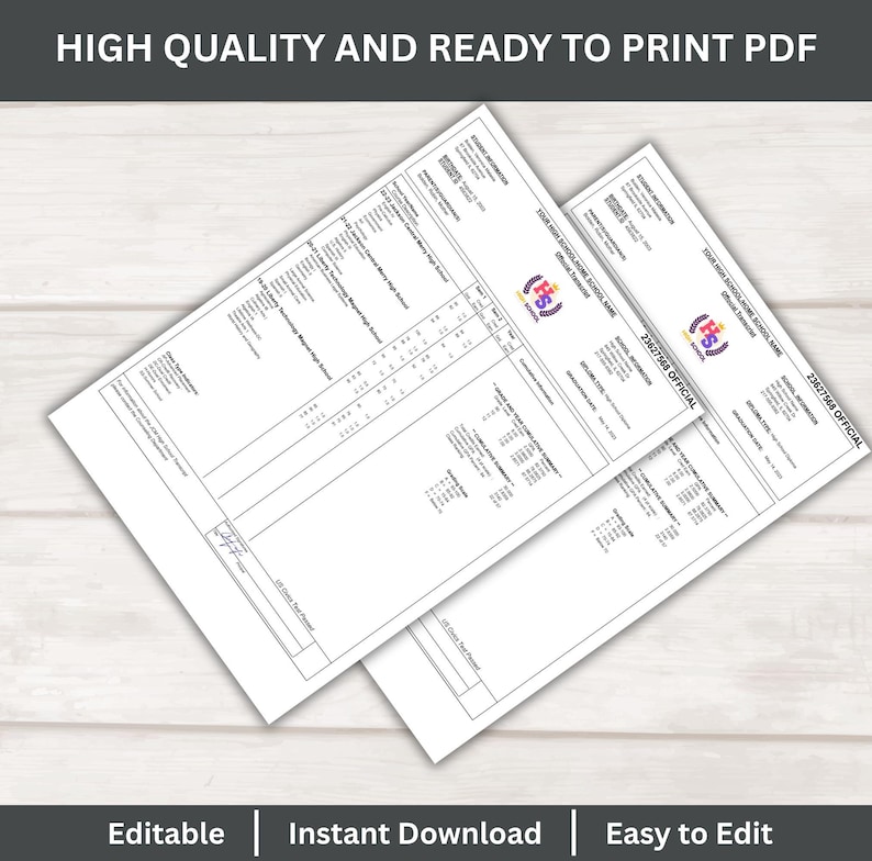 May include: Two white printable PDF documents with school information and a school logo. The documents are labelled "OFFICIAL" and include the text "HIGH QUALITY AND READY TO PRINT PDF". The bottom of the image says "Editable | Instant Download | Easy to Edit".