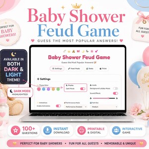 May include: A laptop displaying a Baby Shower Feud Game interface with settings for dark and light themes. The screen shows options for audio, animations, and performance modes. The game title is Baby Shower Feud Game, Guess the Most Popular Answers.