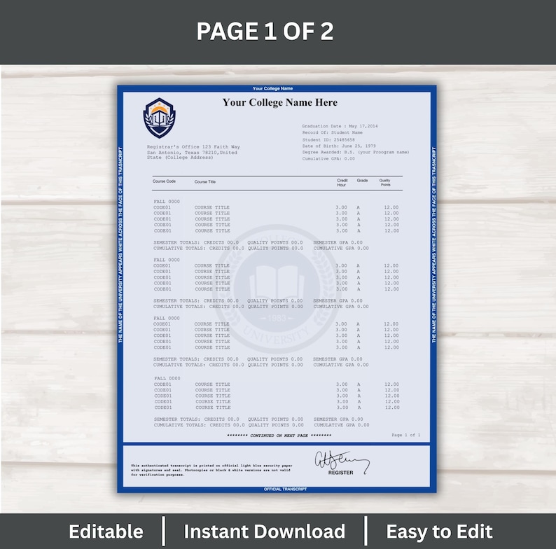 College Transcript Template | Fillable University Academic Record ...