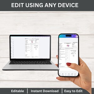 May include: A laptop and smartphone displaying a document against a light wood backdrop. The laptop is open, showing the document on its screen. The smartphone is held by a person, also displaying the document. Text at the top reads "EDIT USING ANY DEVICE".