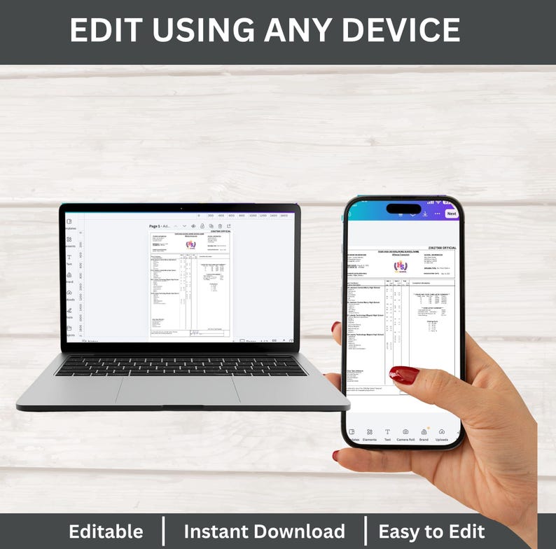May include: A laptop and smartphone displaying a document against a light wood backdrop. The laptop is open, showing the document on its screen. The smartphone is held by a person, also displaying the document. Text at the top reads "EDIT USING ANY DEVICE".