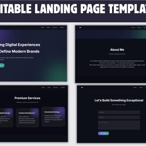 Puede incluir: Una plantilla de diseño digital con fondo oscuro y texto blanco. La plantilla incluye secciones para una página de destino, sobre mí, servicios premium y un formulario de contacto. El texto dice "Plantilla de página de destino editable."