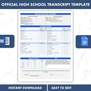 High School Transcript Template Editable | Official Transcript | Google Docs & Word Format