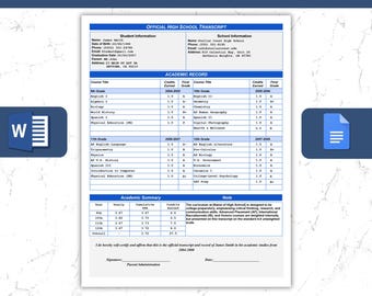 High School Transcript Template Editable | Official Transcript | Google Docs & Word Format