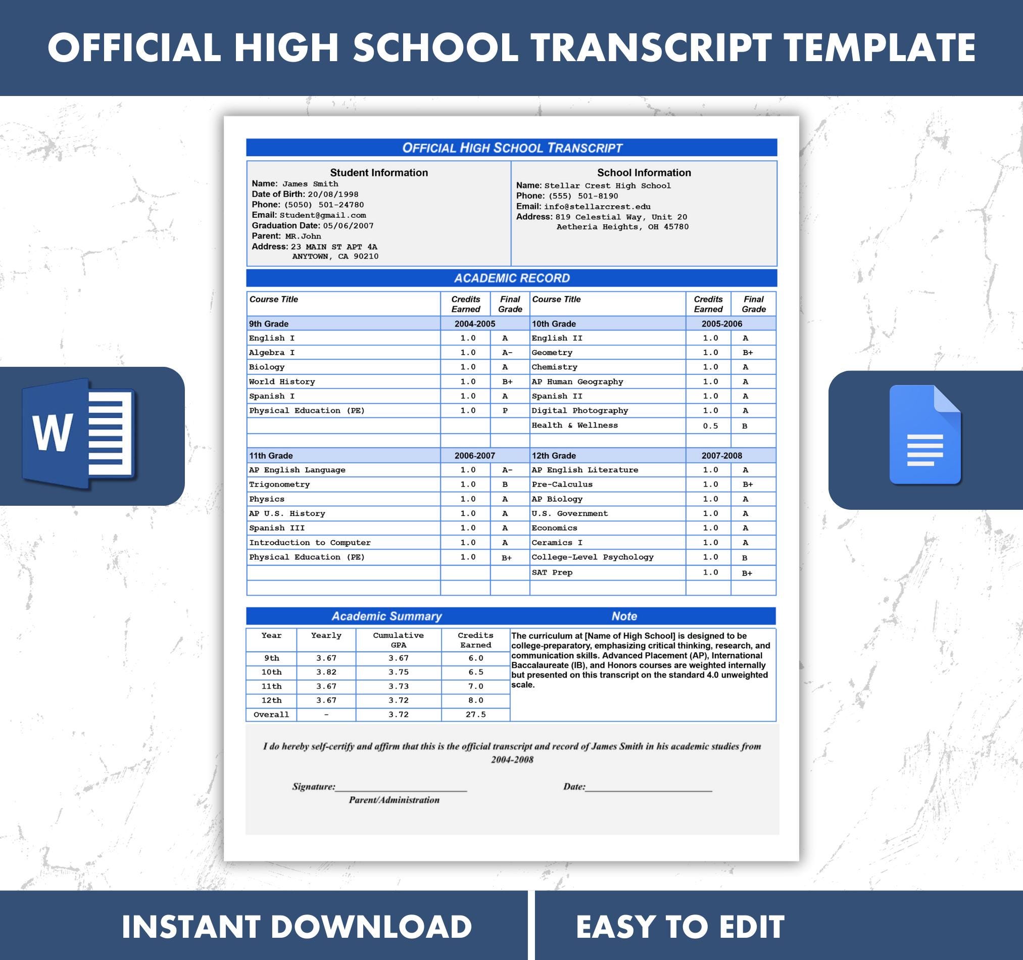 High School Transcript Template Editable | Official Transcript | Google ...