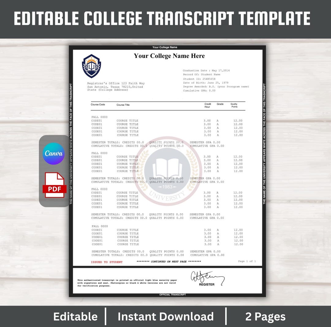 Editable College Transcript Template | Printable University Academic ...
