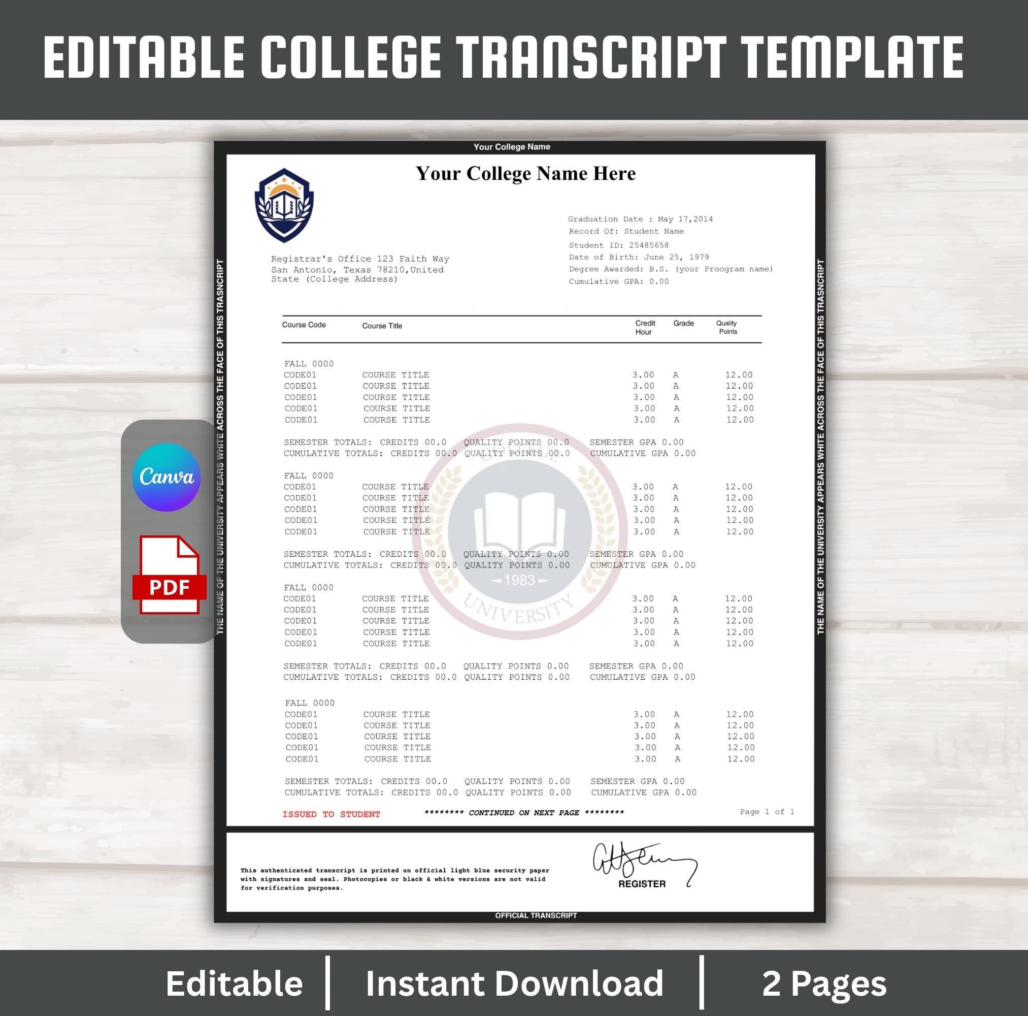 Editable College Transcript Template | Printable University Academic ...