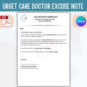 Puede incluir: Una plantilla de nota médica blanca con el texto "URGET CARE DOCTOR EXCUSE NOTE" en la parte superior. El documento incluye campos para la información del médico, los detalles del paciente y las fechas de ausencia. Un icono PDF está en la parte superior izquierda.